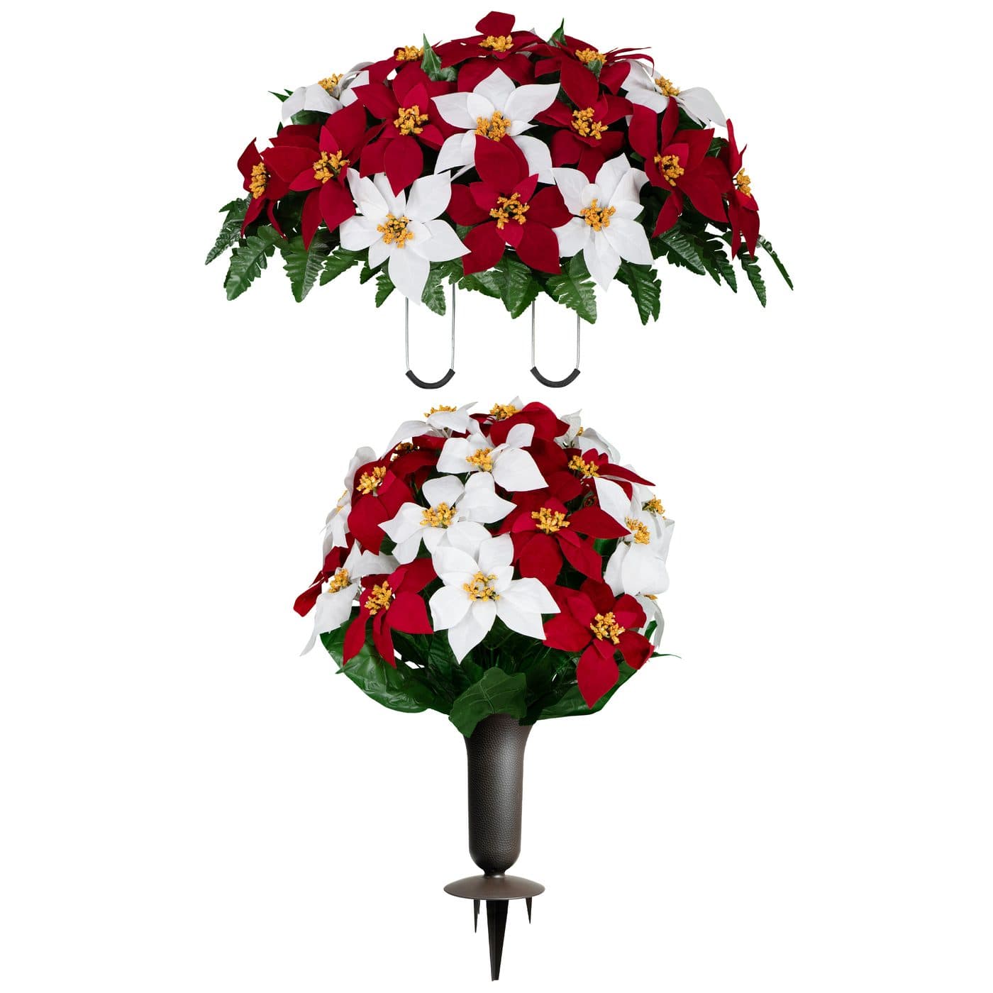 Red and White Poinsettia Saddle with 1 Bouquet and 1 Sympathy Silks Vase