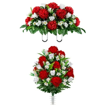 Red Mum and White Rose Saddle and 1 Bouquet