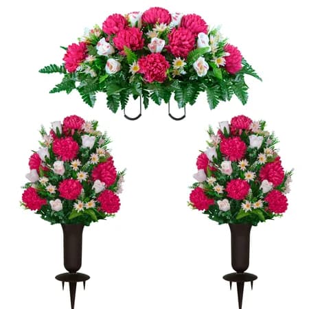Beauty Mum and Light Pink Rose Saddle and 2 Bouquets with Sympathy Silks Vase