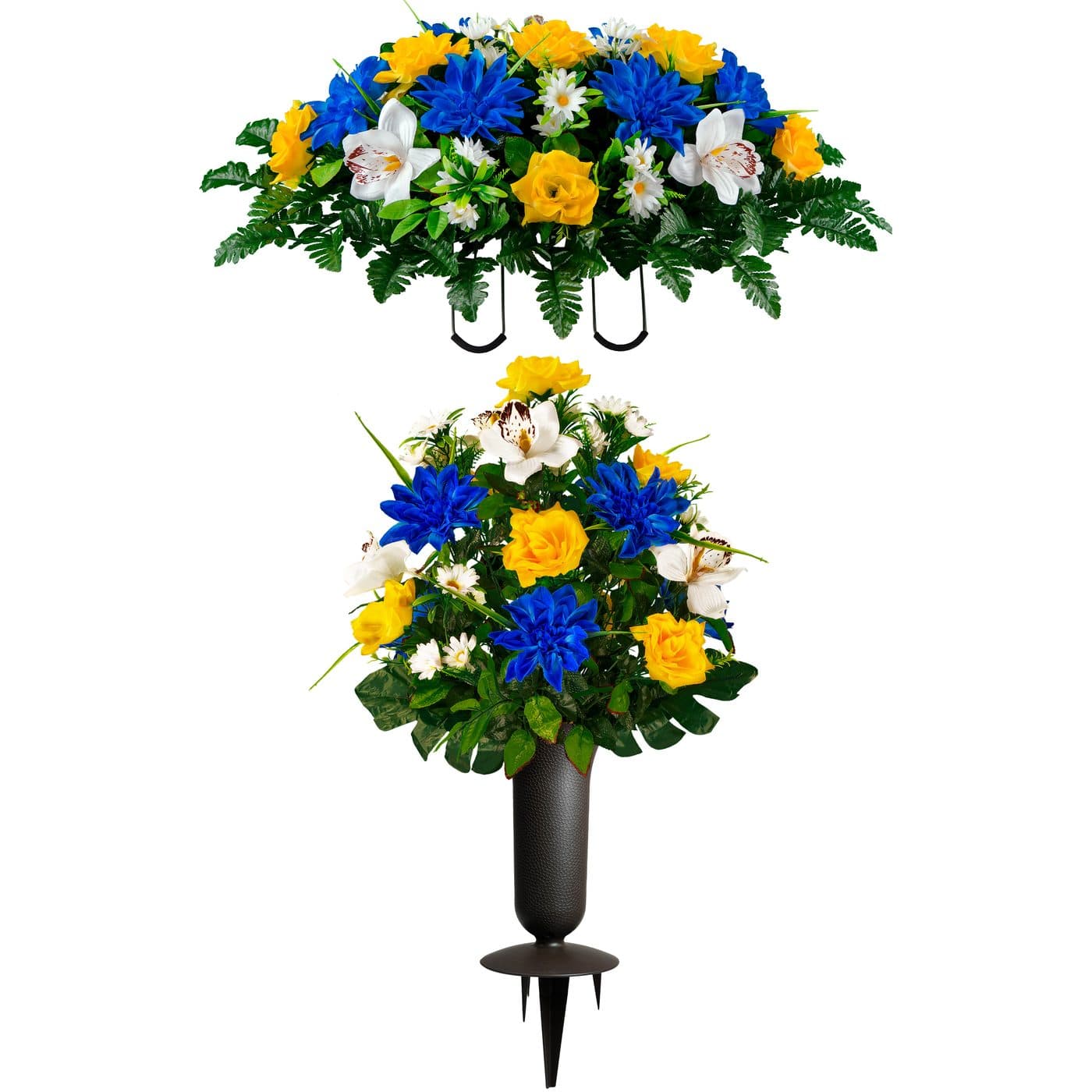 Blue Dahlia Yellow Rose with White Orchid Mix Saddle and 1 Bouquet with Vase