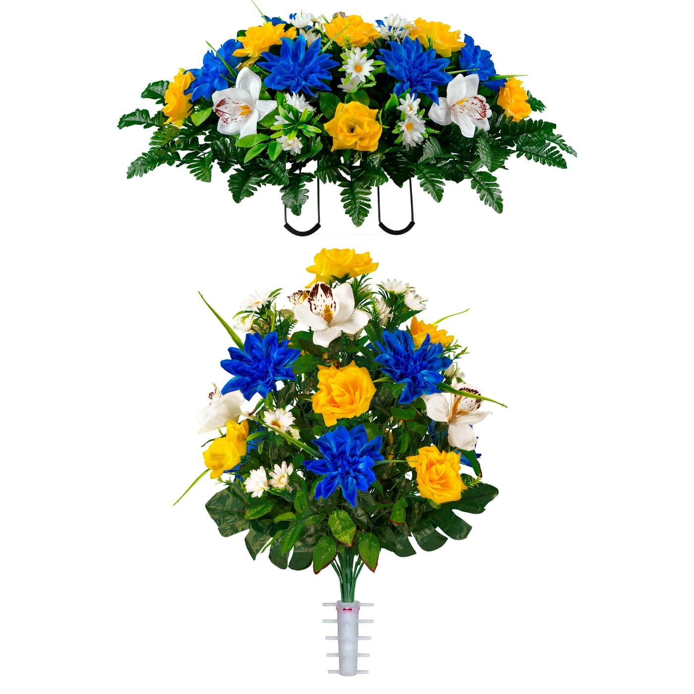 Blue Dahlia Yellow Rose and White Orchid Mix Saddle and 1 Bouquet