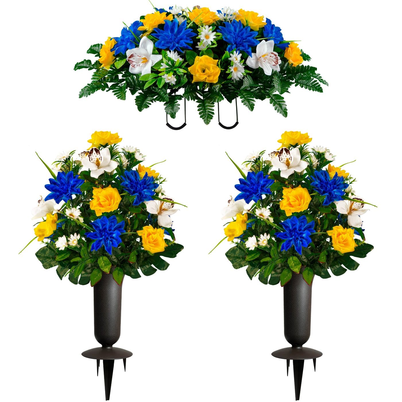 Blue Dahlia Yellow Rose with White Orchid Mix Saddle and 2 Bouquet with Vases