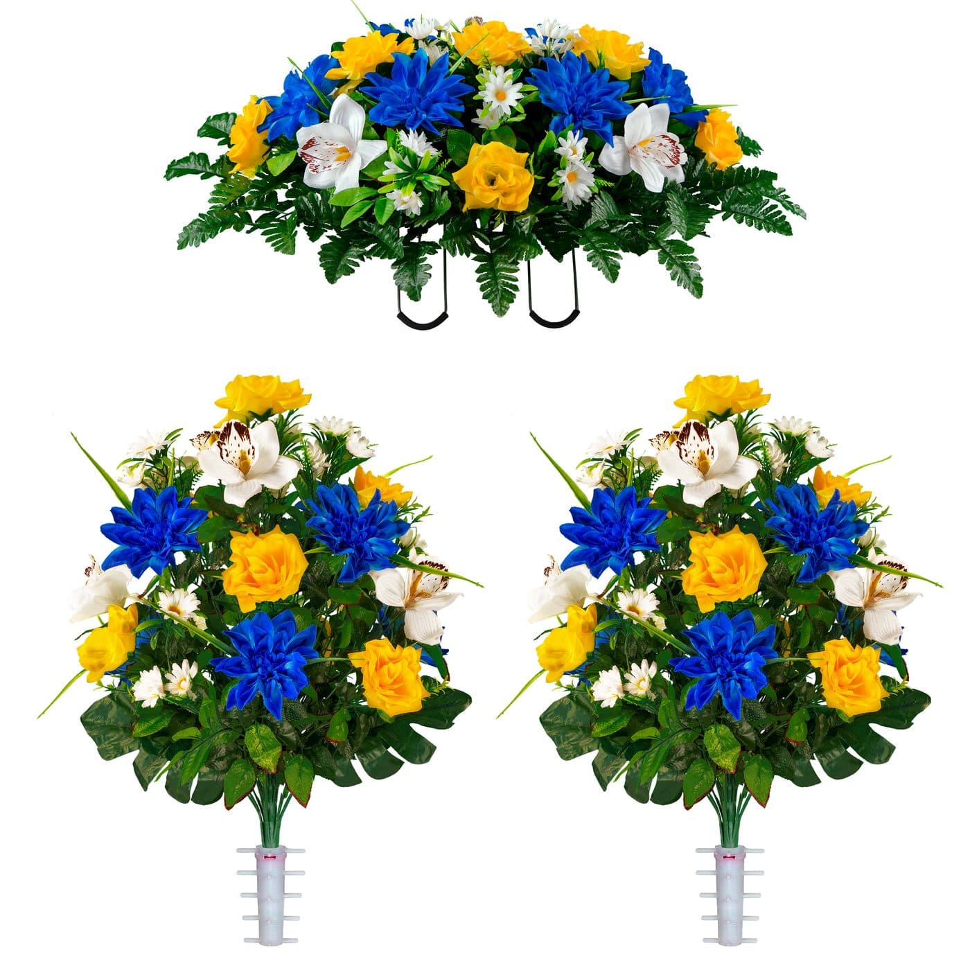 Blue Dahlia Yellow Rose with White Orchid Mix Saddle and 2 Bouquets