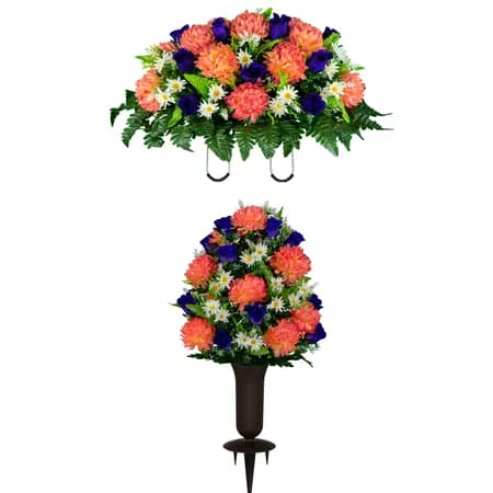 Salmon Rose and Purple Mum Saddle and 1 Bouquet with Sympathy Silks Vase