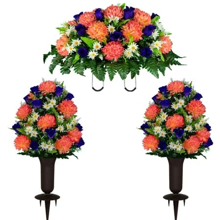 Salmon Rose and Purple Mum Saddle and 2 Bouquets with Sympathy Silks Vase