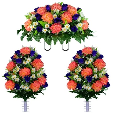 Salmon Rose and Purple Mum Saddle and 2 Bouquets