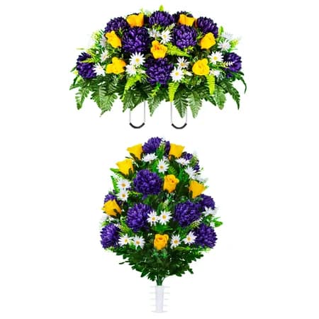 Purple Mum and Yellow Rose Saddle and 1 Bouquet