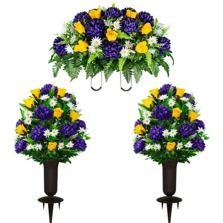 Purple Mum and Yellow Rose Saddle and 2 Bouquets with Sympathy Silks Vase
