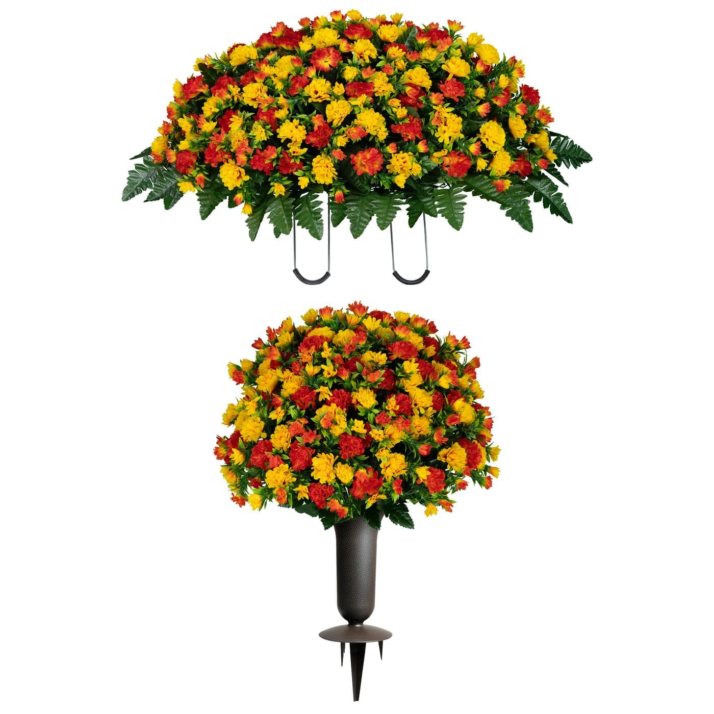 Sunset Orange Mum Saddle and 1 Bouquet with Sympathy Silks Vase