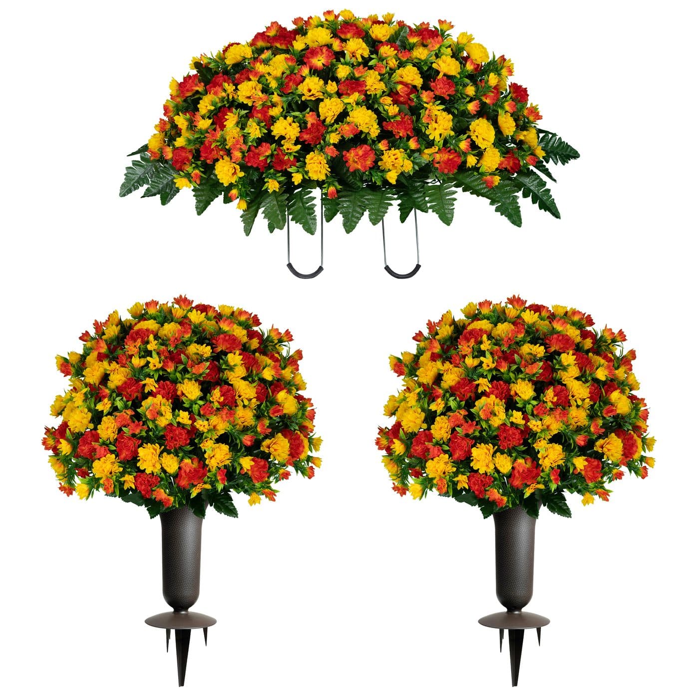 Sunset Orange Mum Saddle and 2 Bouquets with Sympathy Silks Vases