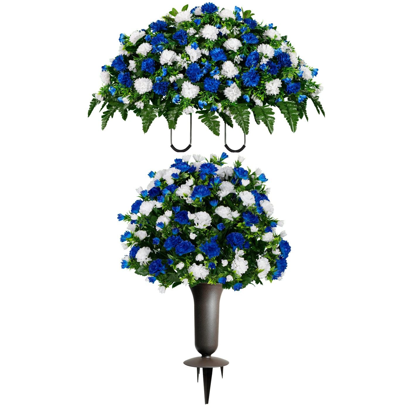 Blue and White Mums Saddle and 1 Bouquet with Sympathy Silks Vase