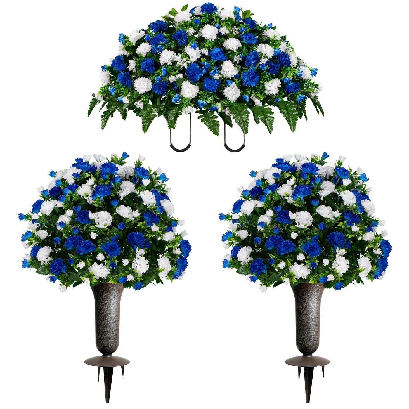 Blue and White Mums Saddle and 2 Bouquets with Sympathy Silks Vases