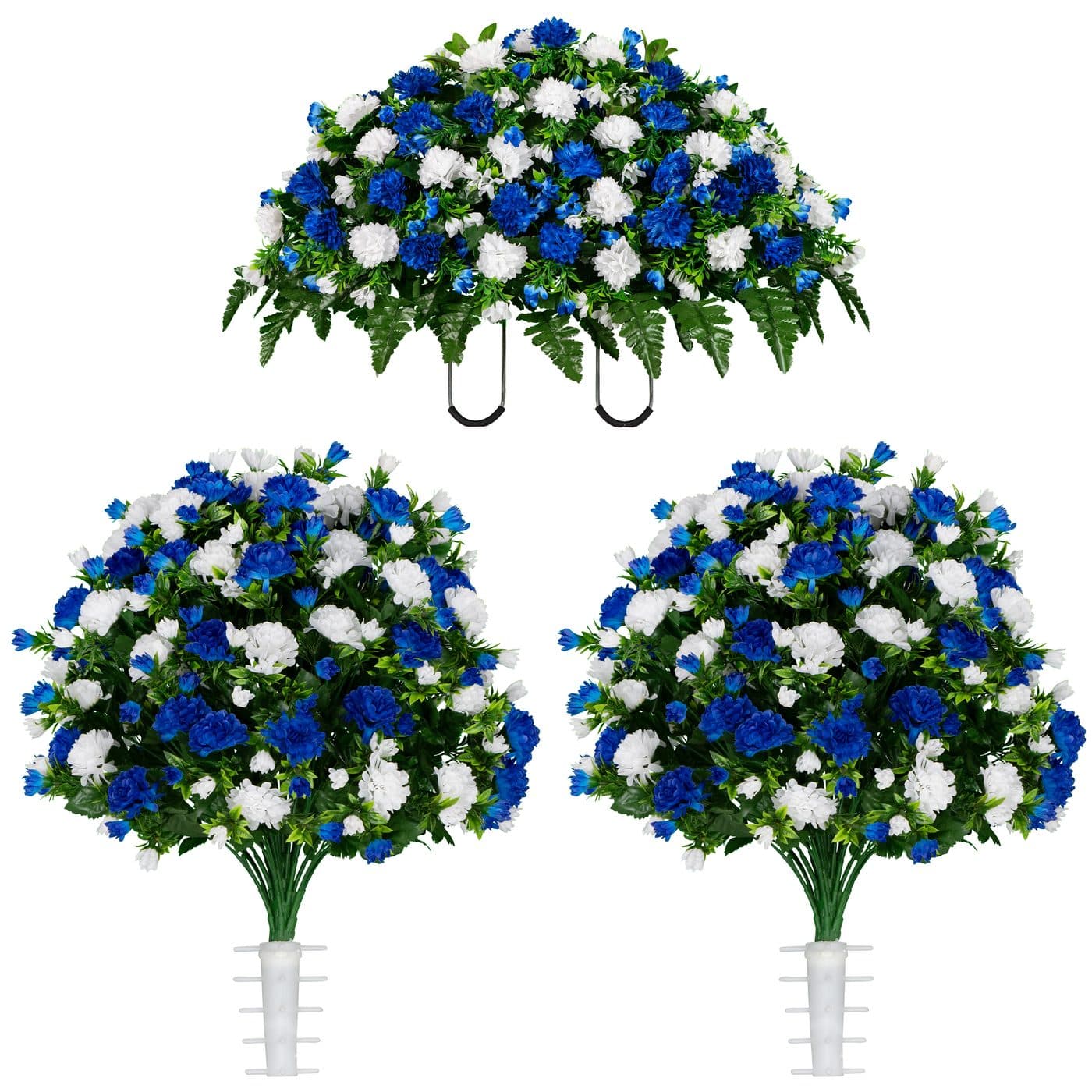 Blue and White Mums Saddle and 2 Bouquets