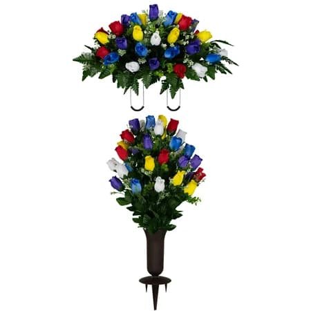 Multi Color Rose Bud Sympathy Silks Plastic Grave Vase with Spikes