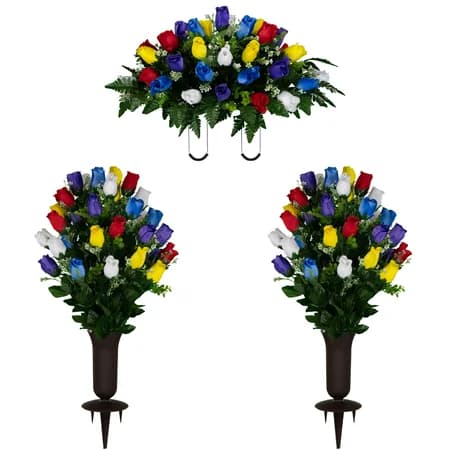 Multi Color Rose Bud Sympathy Silks Plastic Grave Vase with Spikes