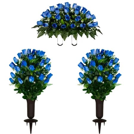 Blue Rose Bud Saddle and 2 Bouquet with Vases