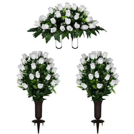 White Rose Buds White Rose Bud Sympathy Silks Plastic Grave Vase with Spikes