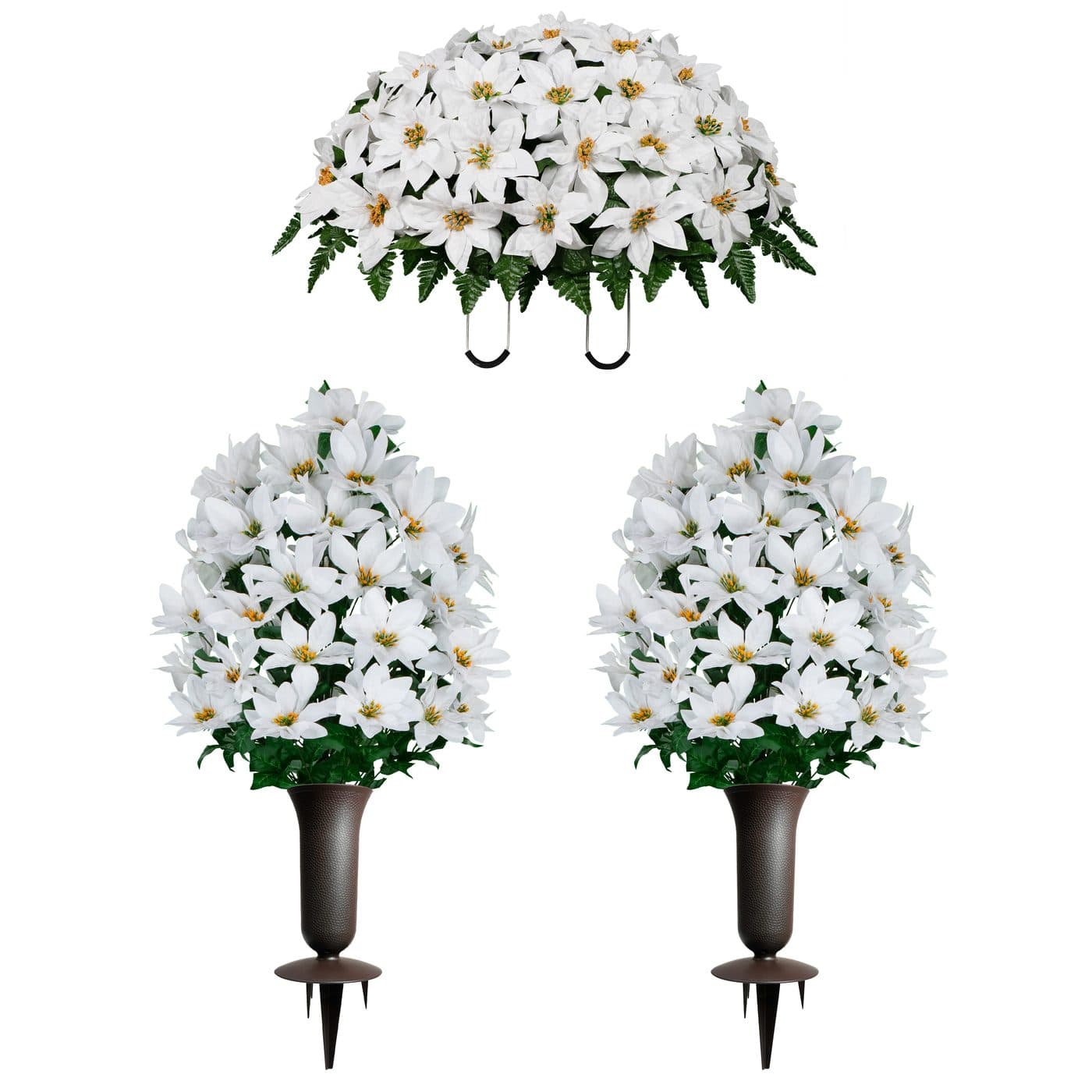 White Poinsettia Saddle and 2 Bouquets with Sympathy Silks Vases