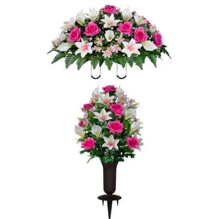 White Calla Lily and Pink Rose Saddle and 1 Bouquet with Sympathy Silks Vase