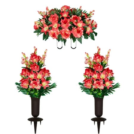 Coral Gladiolus Rose and Lily Saddle and 2 Bouquets with Sympathy Silks Vases