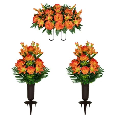 Sunrise Gladiolus Rose and Lily Saddle and 2 Bouquets with Sympathy Silks Vases