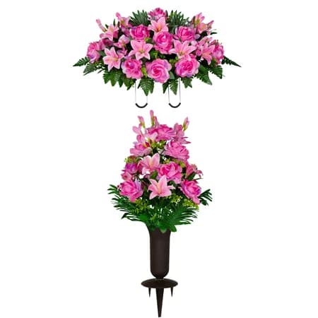 Pink Gladiolus Rose and Lily Saddle and 1 Bouquet with Sympathy Silks Vase