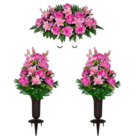 Pink Gladiolus Rose and Lily Saddle and 2 Bouquets with Sympathy Silks Vases