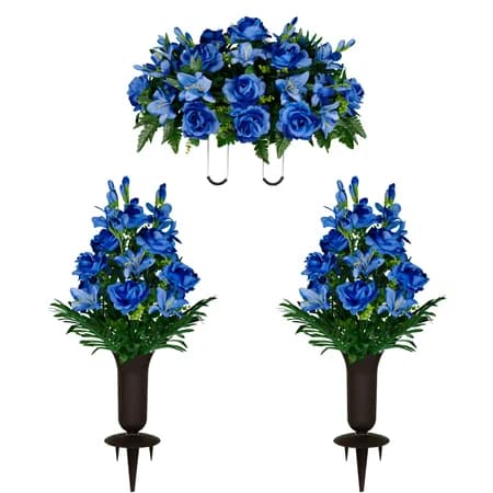 Blue Gladiolus Rose and Lily Saddle and 2 Bouquets with Sympathy Silks Vases