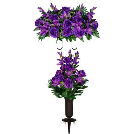 Purple Gladiolus Rose and Lily Saddle and 1 Bouquet with Sympathy Silks Vase