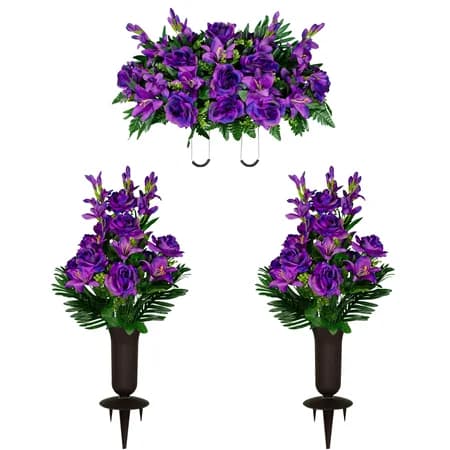 Purple Gladiolus Rose and Lily Saddle and 2 Bouquets with Sympathy Silks Vases