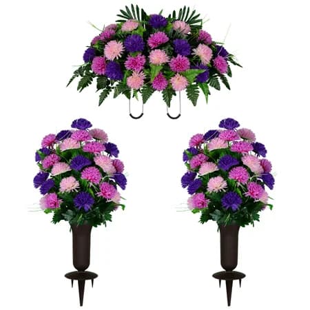 Purple and Pink Mums Saddle with 2 Bouquets with Sympathy Silks Vase