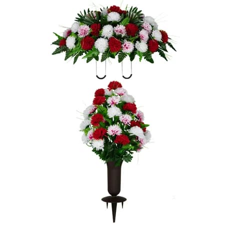 Red and White Mums Saddle and 1 Bouquet with Vase