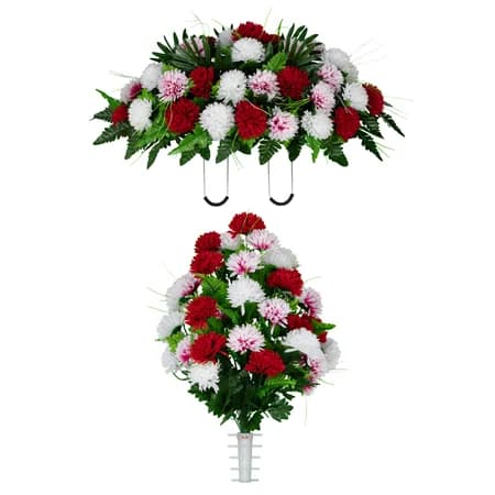 Red and White Mums Saddle and 1 Bouquet