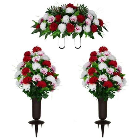 Red and White Mums Saddle and 2 Bouquet with Vase