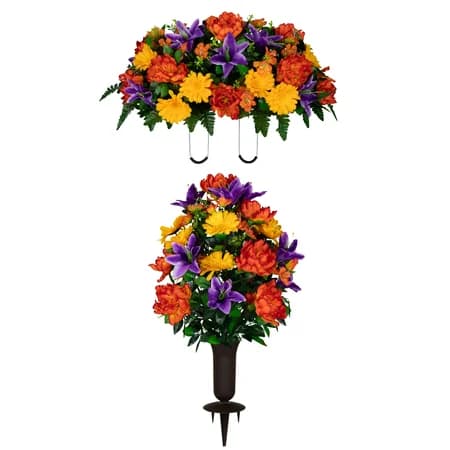 Orange Peony Purple Lilies and Yellow Daisies Saddle and 1 Bouquet with Vases