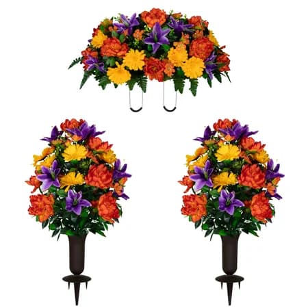 Orange Peony Purple Lilies and Yellow Daisies Saddle and 2 Bouquet with Vases