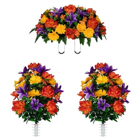 Orange Peony Purple Lilies and Yellow Daisies Saddle and 2 Bouquet
