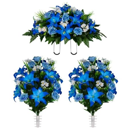 Blue Lily and Rose with White Daisies Saddle and 2 Bouquet
