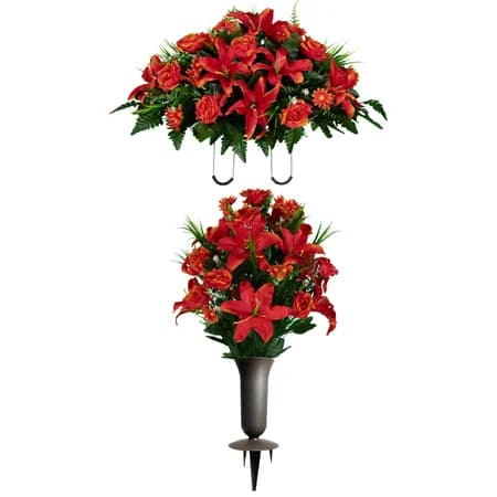 Fire Red Lily Rose and Daisies Saddle with 1 Bouquet and Vase