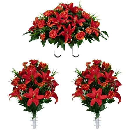 Fire Red Lily Rose and Daisies Saddle and 2 Bouquet