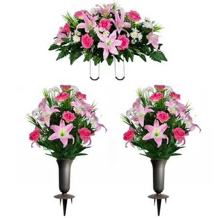 Pink Lily and Rose with Daisies Saddle with 2 Bouquet and Sympathy Silks Vase