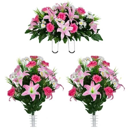 Pink Lily and Rose with Daisies Saddle with 2 Bouquet