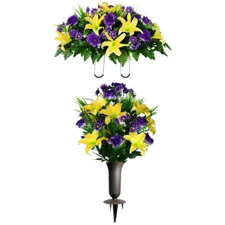 Yellow Lily with Purple Roses and Daisies Saddle with 1 Bouquet and Sympathy Silks Vase