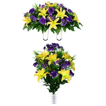 Yellow Lily with Purple Roses and Daisies Saddle with 1 Bouquet
