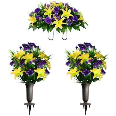 Yellow Lily with Purple Roses and Daisies Saddle with 2 Bouquet and Sympathy Silks Vases