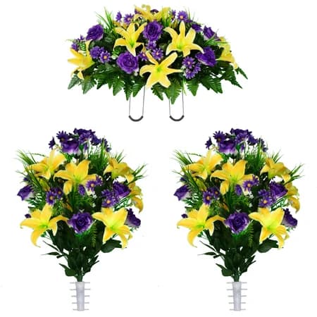 Yellow Lily with Purple Roses and Daisies Saddle with 2 Bouquet