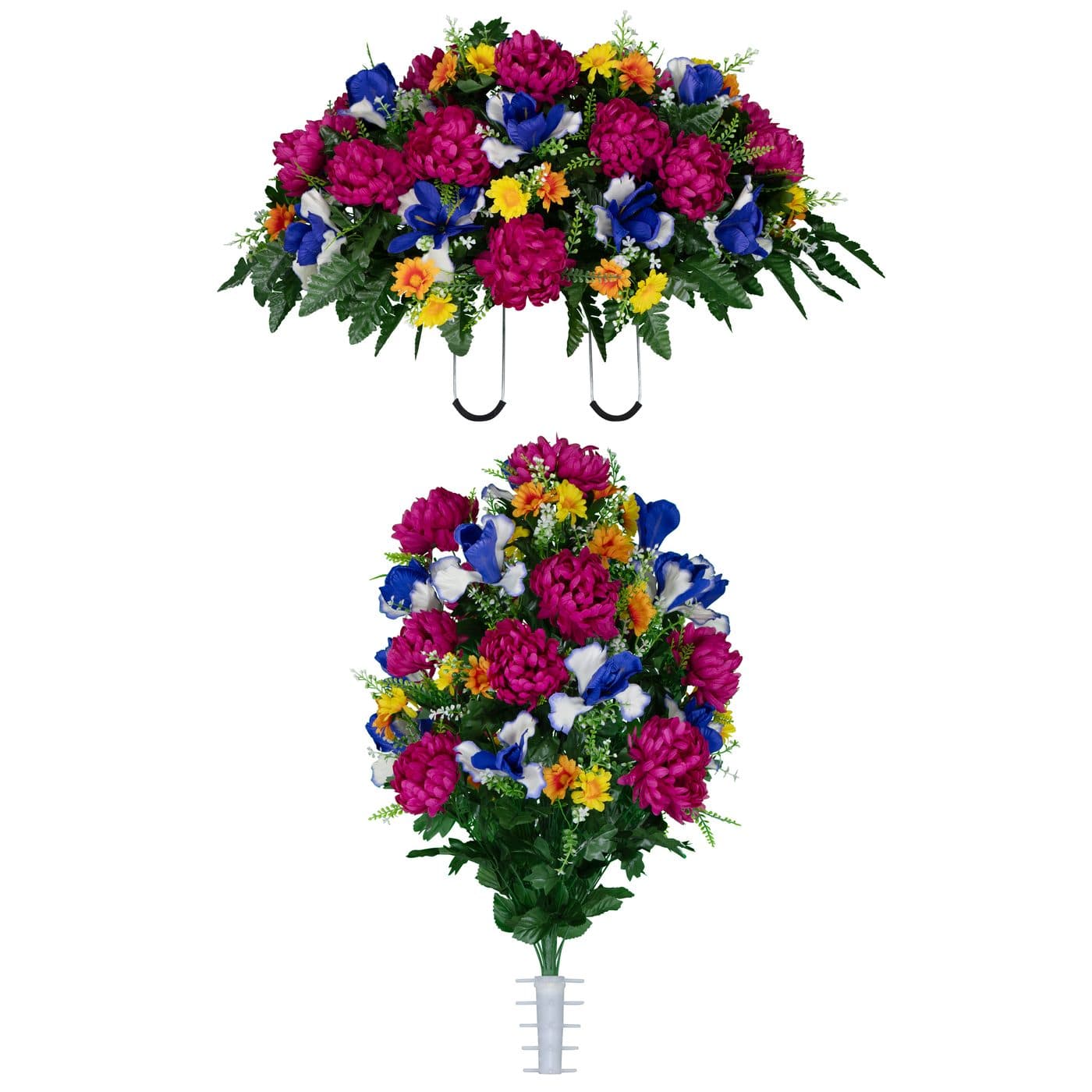 Fuchsia Mums with Blue Iris Saddle with (1) Bouquet