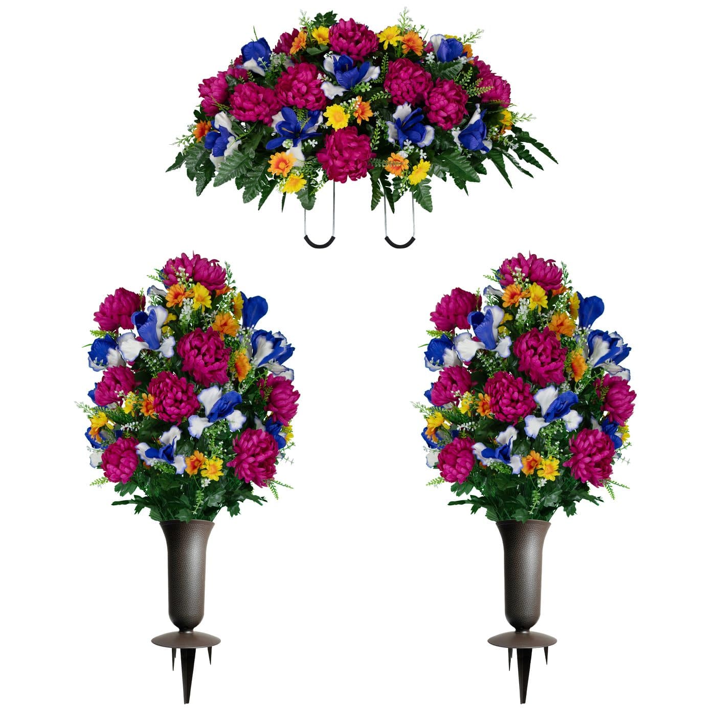 Fuchsia Mums with Blue Iris Saddle with (2) Bouquets and (2) Sympathy Silks Vases