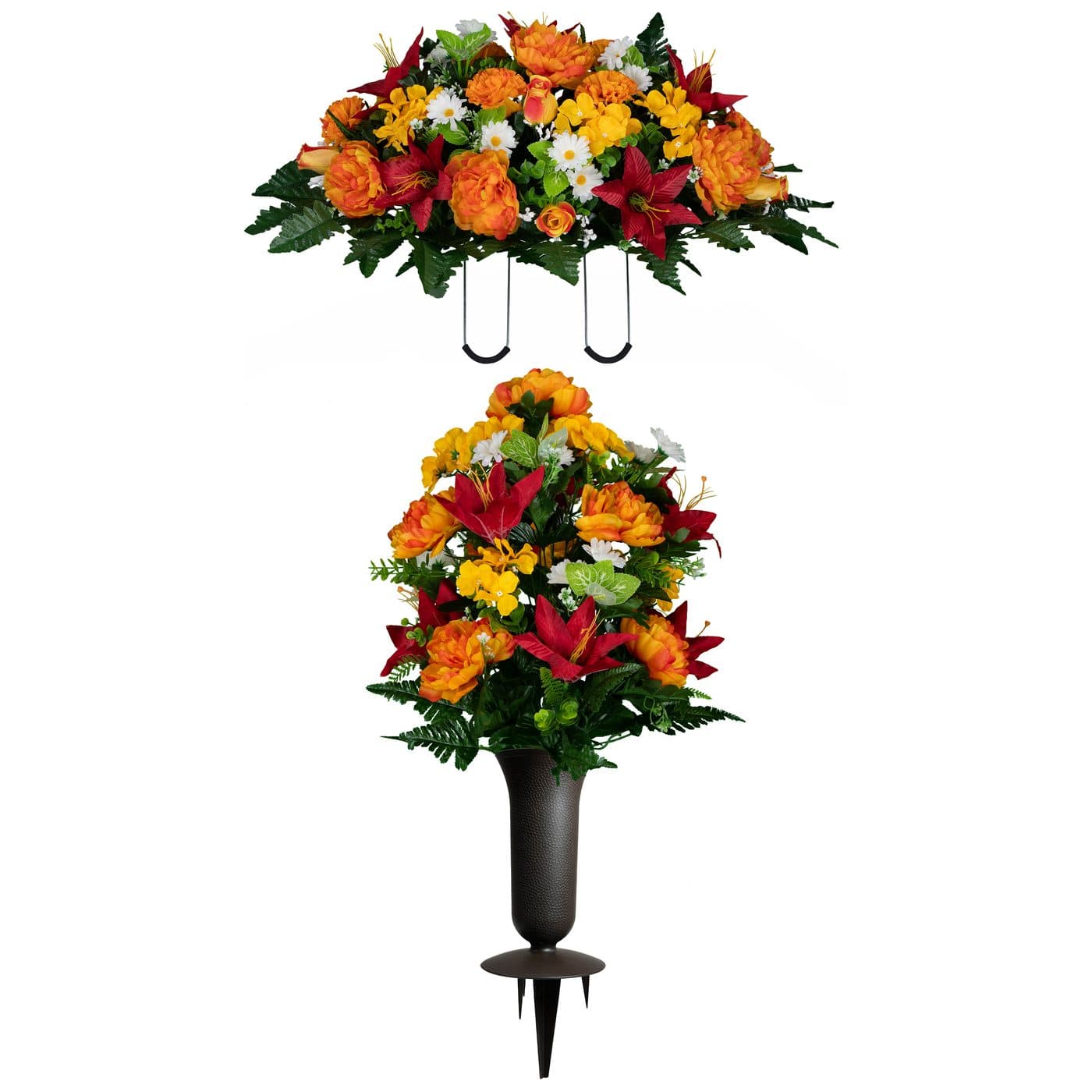 Red Lily and Sunrise Peony Saddle with (1) Bouquet and (1) Sympathy Silks Vase