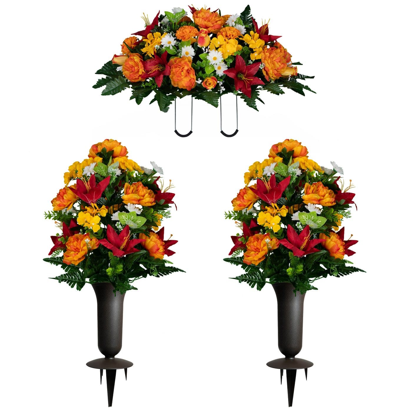 Red Lily and Sunrise Peony Saddle with (2) Bouquet and (2) Sympathy Silks Vases